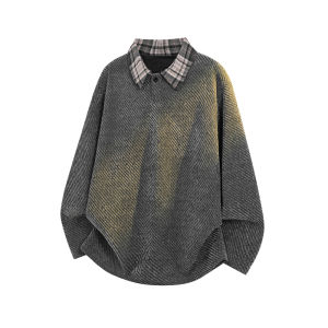 OUMULONG | Black Polo Neck Heavily Weighted Chenille Plaid Patchwork Long Sleeve T-shirt