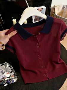 YINGKETUO | Mature Style Lace Splicing Knit Cardigan
