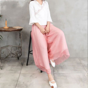 Black Chiffon Elegant Drooping Wide-Leg Pants Female Loose All-Matching Elastic Waistband Double Layer Yoga High-Waisted Trousers Dance Trousers