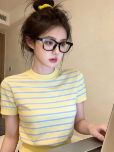 HUOLISI | Summer Yellow Stripe Slim-fit Knit T-shirt Round Neck