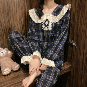 Sweet Plaid Long Sleeve Spring Autumn Style Womens Sleepwear Doll Collar Lace Home Clothes Set Comfortable Casual Home Scene