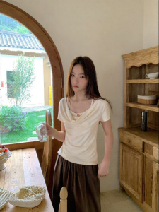 NIHAOKANONG | Áo Thun Tay Ngắn Ôm Body Kiểu Dáng Elegent Giả Hai Mảnh