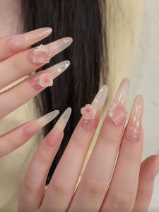 Wedding Nails Long Handmade Gradient White Pink Detachable Wearable Nails Professional Salon Quality for Any Skin Type