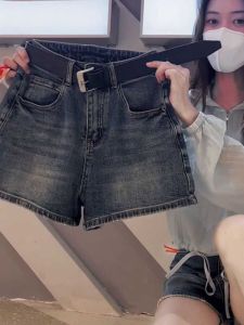 Quần Short Denim Cạp Cao Cỡ Lớn Phong Cách Retro Màu Xanh Lam Cho Nữ Mùa Hè Quần Ống Rộng Dáng Chữ a Thời Trang