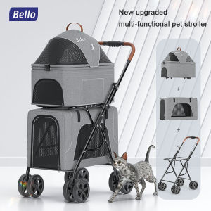 BELLO Double pet strollers Twin Lightweight Foldable Portable Cat Dog and Pet Cart Car Carrying Dog Cat and Cat Double Layer Car Bag Can Be Separated