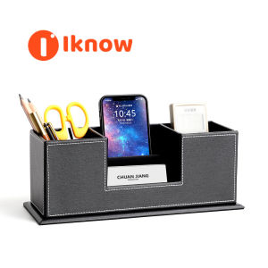 I know Creative leather stationery wooden pen holder multifunctional business card holder desktop storage box fashionable Korean office supplies and gifts