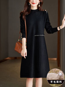 Elegant Black Woolen Dress Womens Autumn Fashion plus Size Slimming Midi Skirt Long Sleeve Half High Collar Loose Waist