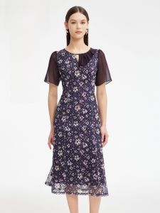 MY TENO | Fashionable Purple Floral Print Midi Dress Short Sleeve Womens Dress Casual Elegant All-Match Spring Summer New Arrival