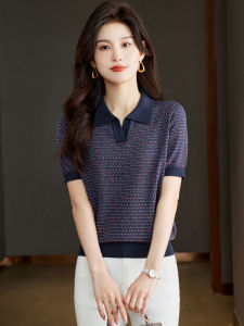 เสื้อยืดคอโปโลแขนสั้นผ้าไหมน้ำแข็งสำหรับผู้หญิงในช่วงฤดูร้อนปี 2024 เสื้อไหมน้ำแข็งคอโปโลผ้าไหมน้ำแข็งแฟชั่นระดับไฮเอนด์