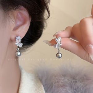 Butterfly Pearl Micro-Set Silver Needle Earrings Womens High-End Sensation round Square Face Design Fashionable Jewelry