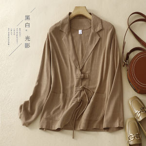 Áo Khoác Vest Cotton Lanh Cổ Bẻ Dài Tay Thường Ngày Cỡ Lớn Mùa Thu Áo Khoác Cardigan Hai Túi Cổ Điển Phong Cách Trung Hoa Cổ Điển