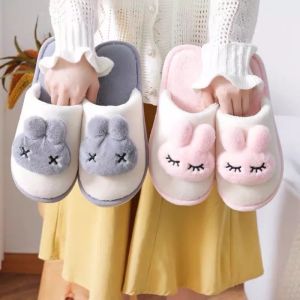 Korean cute rabbit head couple House Slippers thick-soled indoor slippers home warm non-slip wool cotton slippers