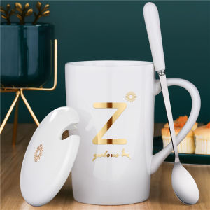 BOJINGLIPIN | Creative Stylish Ceramic Mug with Lid and Spoon Large Capacity for Couples