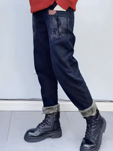 ผู้หญิง เดนิม ฮาเร็ม กางเกง เอวยืดหยุ่น กระเป๋าขนาดใหญ่ ผ้าขนแกะ เรียงราย ฤดูใบไม้ร่วง ฤดูหนาว ลำลอง กางเกงขายาว เสื้อผ้าคุณแม่แสนสบาย