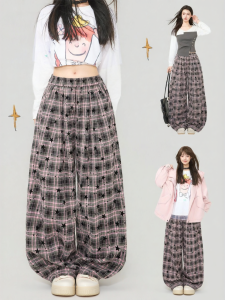 Keiko | Aesthetic Retro Plaid Loose Flared Trousers