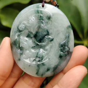 A High-Quality Type-A Natural Jadeite-Jade crafted with Pixiu Coins Gourd as Pendant with certificate weighs 36.46 grams measurement 53.9 * 46.2 * 7.5 mm (pendant300)
