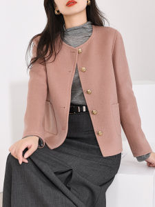 เสื้อโค้ทผ้าวูลผสมสองด้านสไตล์ชาแนลสำหรับผู้หญิงตัวเล็กดูผอมคอกลมสีชมพูเสื้อโค้ทขนแกะดีไซน์แถบเย็บด้วยมือระดับสูง