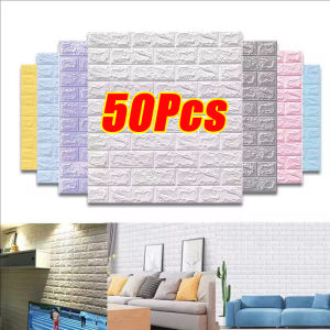 50/100Pcs Self-adhesive 3D Foam Bricks Wallpaper Stickers / Kids Room Wall Sticker/ DIY Waterproof Home Background Wallpaper for Bedroom Bathroom Kitchen