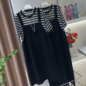 Slimming Stripe Print Short Sleeve Midi Dress Womens Loose Fit Fashionable Patchwork plus Size A-Line Skirt Summer Dress