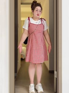 Plus Size French Style Two-Piece Short Sleeve T-Shirt Skirt for Women Summer Plaid Pattern Slimming Design Midi Length Pullover