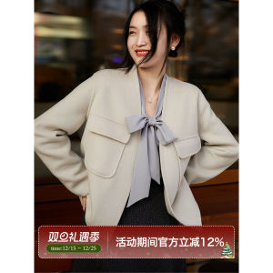 XiaoHanGe Casual Wool Cashmere Double-sided Short Coat V-neck Womens Jacket Simple Style Commute Korean Version Pure Color