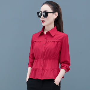 Pure Color Long Sleeve Shirt for Women Spring Autumn 2024 New Style Korean Version Wrinkled Fashionable Blouse Fresh Air