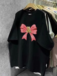 Áo Thun Tay Ngắn Màu Đen Thắt Nút Bướm Bằng Cotton Nguyên Chất Cao Cấp Thời Trang Chống Lão Hóa Mùa Hè Mới Về Phong Cách Hàn Quốc