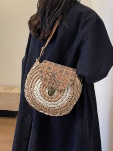 Large Capacity Woven Grass Tote Bag Womens Crossbody Bag Summer Trendy Ethnic Style Forest System round Pie Bag
