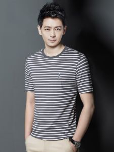 ROMON | Lormen Mens Short Sleeve T-Shirt Summer Thin Pure Cotton Striped Casual Top Lightweight Dad Sea Soul Shirt Fashionable City Style