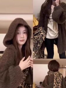Ladies Autumn Winter Lazy Style Knitted Hat Coat Loose Outerwear Soft High-End Feeling Long Sleeve Solid Color Open Cardigan