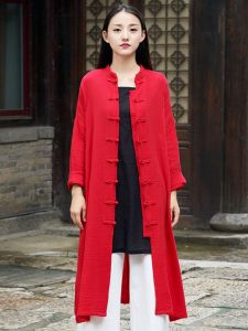 เสื้อคลุมยาวแขนยาวผ้าฝ้ายลินินสไตล์จีน ปิดกั้น ยาวปานกลาง เสื้อคลุมแบบยาวปานกลางสไตล์วินเทจ ชุดกันหนาวสำหรับผู้หญิงในฤดูใบไม้ผลิ