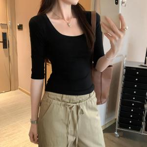 เสื้อยืดแขนยาวคอวีผ้าลินินสำหรับผู้หญิง เสื้อยืดแขนยาวทรงสลิมฟิต ทรงเข้ารูป ทรงหลวม ฤดูร้อน 2025 ทรงใหม่ ลำลอง คอวี แขนกลาง แขนยาว แขนสั้น