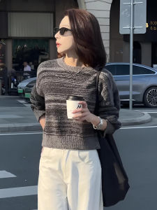 Retro Grey Hollow out Long Sleeve Knitted Sweater Womens Loose Small Size Inner Wear Top Spring Autumn New Arrival