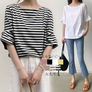 Casual Stripe T-Shirt Womens Loose Fit Five-Quarter Sleeve round Neck Cotton Vintage Simplistic Anti-Aging Slimming Top