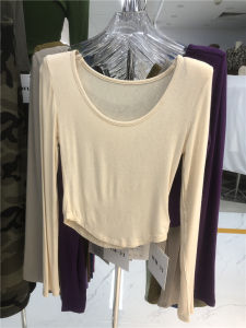 Thin Micro-Transparent Knitted Cotton Collarbone T-shirt Color Inner Curved Hem Padded Shoulder Tops U Collar Close-Fitting Shirt