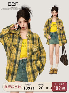 American Retro Yellow Plaid Long Sleeve Womens Shirt Autumn Early Outerwear Cardigan Design Sense Top Coat Jacket