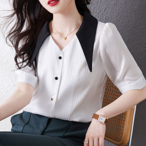 Ammin mùa hè mới của phụ nữ thời trang cổ áo nhọn tay ngắn lụa thật Áo sơ mi phong cách Hàn Quốc khí chất thanh lịch thường đi lại tất cả mọi thứ phù hợp với tay áo bong bóng áo sọc