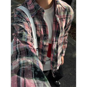 Pink Tie Dye Gingham Shirt Mens Spring & Fall American Retro Vintage Shirt Trendy Loose Couple Coat