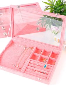Pink Velvet Wedding Jewelry Box Home Use Earrings Ring Necklace Bracelet Earring Storage Box Transparent Organizer