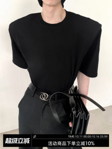 Black Shoulder Padded Short Sleeve T-Shirt Mens Basic Shape Summer Design Sensation White Casual Fashion Youth round Neck