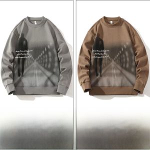 ROMON | Romon Mens Round Neck Sweatshirt Spring Autumn New Print Casual Loose Base Shirt Long Sleeve T-shirt Upper Body Fashion Urban Style