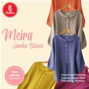 Blouse Wanita Meira Jumbo Bahan Linen Rami Lembut Nyaman Kerah Polos Lengan Panjang Kancing Depan Korean Style Terbaru Variasi Warna Navy Khaki Mustard - XELLEA