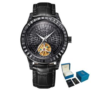 Pin Du | PINDU Design Diamond-set Hollow Mechanical Wrist Men Wristwatches Men Fashion Luxury Diamond Stainless Steel Leather Watch Men