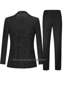 Bộ Vest Nam Dáng Ôm Hai Hàng Khuy Kiểu Doanh Nhân Lịch Sự Màu Đen/xanh Hải Quân - Bộ Vest 2 Mảnh Ve Nhọn Trang Trọng Thích Hợp Cho Tiệc Tùng Dạ Hội