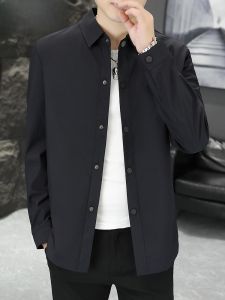 HENGYUANXIANG | Hengyuanxiang Mens Casual Lapel Jacket Lightweight Workwear Spring Autumn Solid Color Polyester Nylon Composite Fiber Shirt