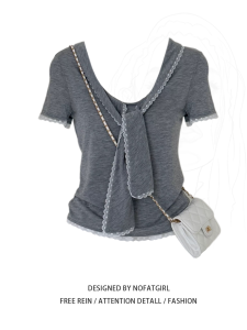 plus Size Womens Lace Trim Short Sleeve T-Shirt Slim Fit Summer New Style Butterfly Knot High Waist A-Line Skirt V-Neck Top