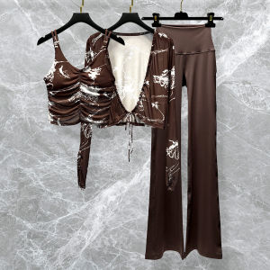 Stunning Yoga Fitness Womens Suit Set Quick Dry Micro Flared Pants Sports Vest Print Halter Top Breathable Nylon Fabric