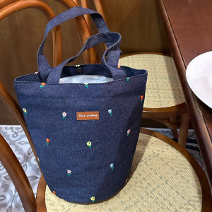 Retro Deep Blue Denim Embroidered Flower Versatile Single Shoulder Bag Student Bento Bucket Bag Cute Womens Bag Casual Style