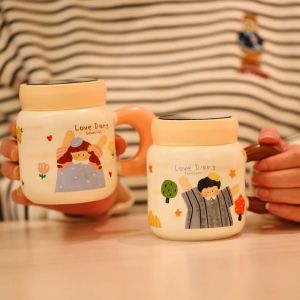 2024 New Cartoon Ceramic Mug Office Tea Cup with Lid Couple Matching Mugs Cute Design Drinkware Versatile Universal Use 380ml