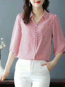 NAOX2 Ladies Shirts with Cropped Sleeves and Loose Striped Tops